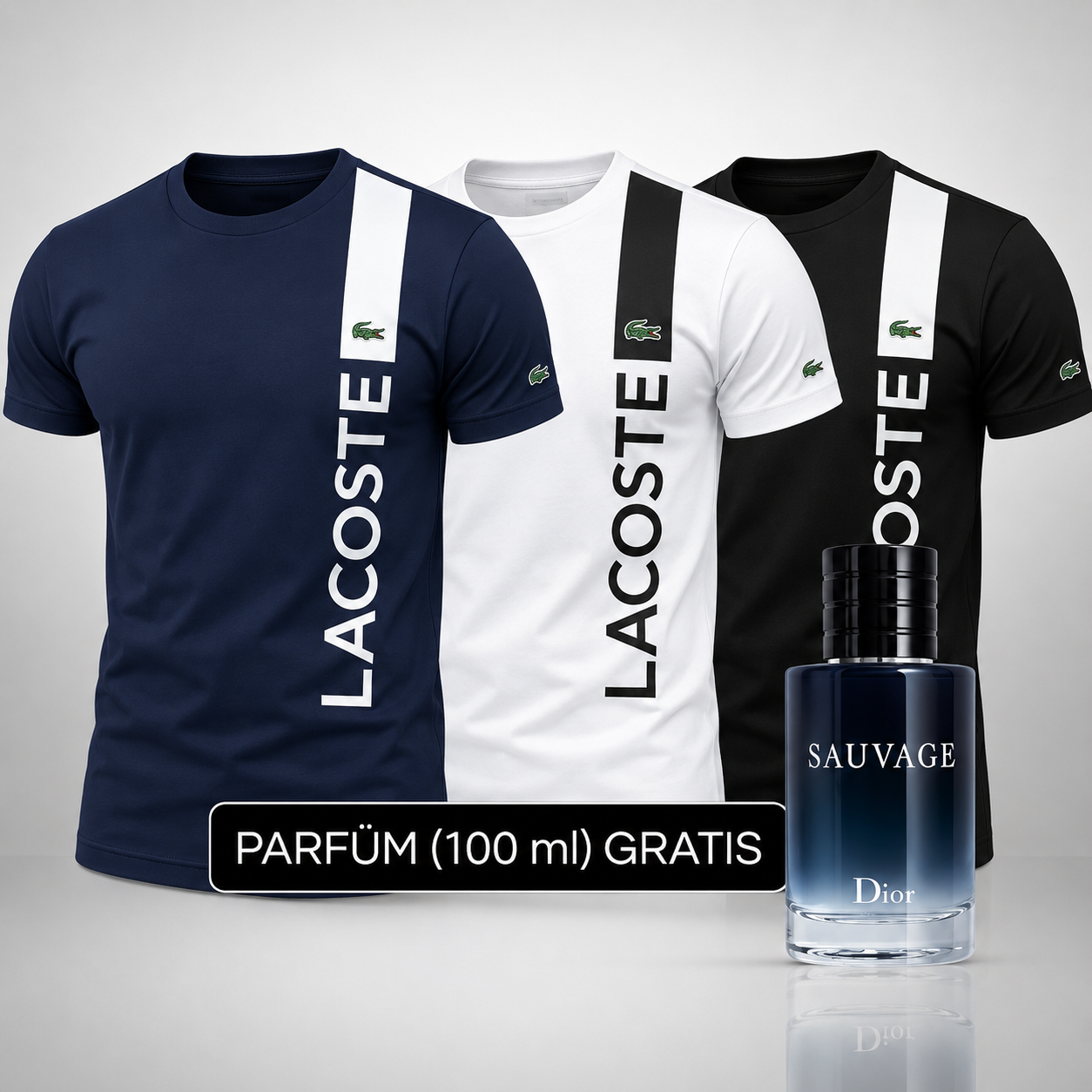 Set 3 Herren T-Shirts Lacoste + Perfume Sauvage Dior (100ml) Gratis