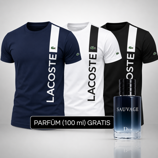 Set 3 Herren T-Shirts Lacoste + Perfume Sauvage Dior (100ml) Gratis