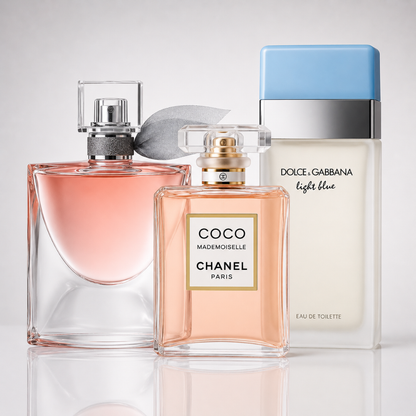 Combo aus 3 Damenparfums – La Vie Est Belle von Lancôme, Mademoiselle von Chanel und Light Blue von Dolce & Gabbana